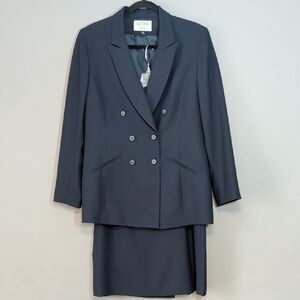 Vintage Kasper Skirt Blazer Suit Set Size 12 Navy Blue